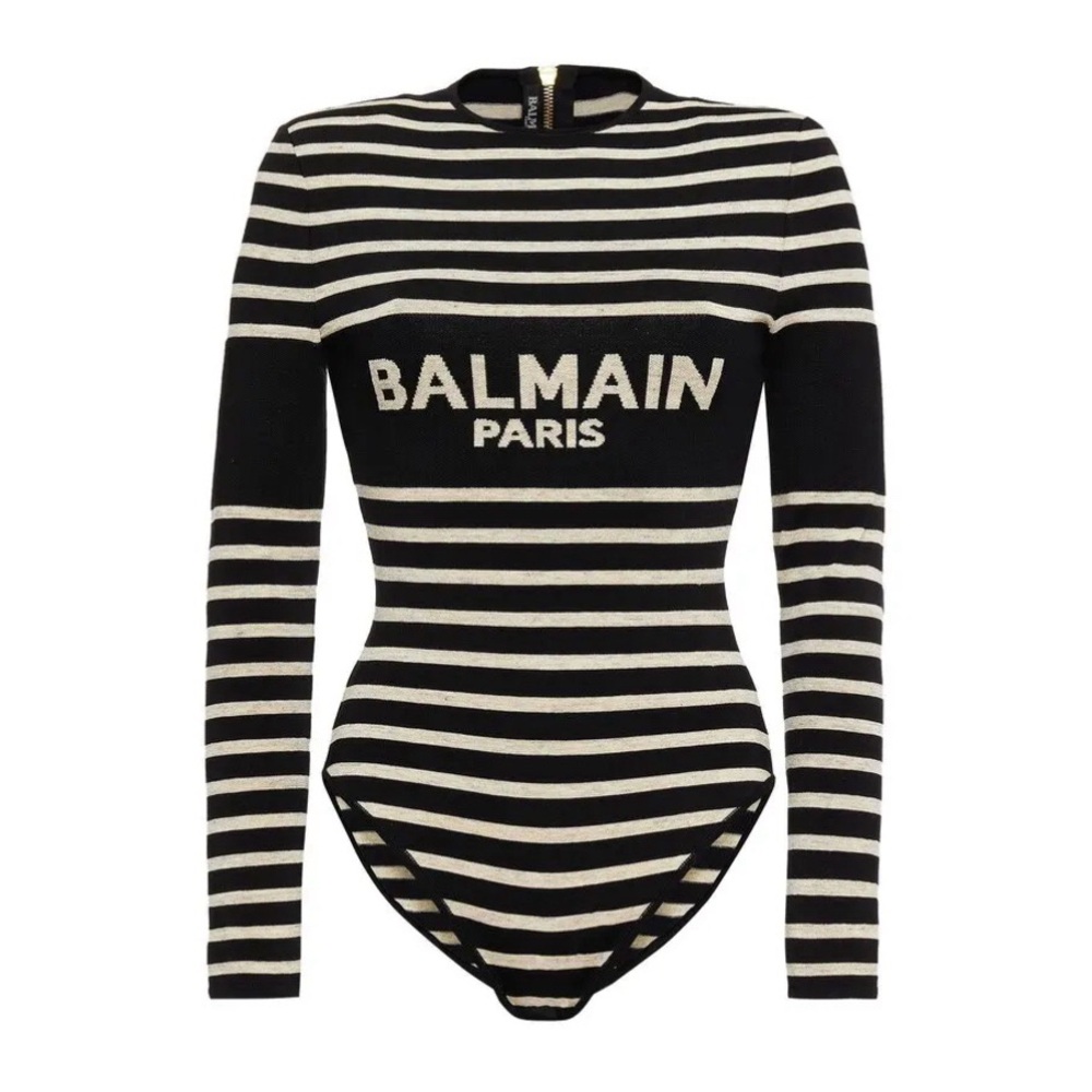 Balmain Black and Gold Striped Logo Bodysuit Size 42 Retail $1750